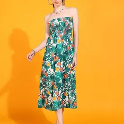 DODO & MOA Green Floral Print Strapless Crepe A-Line Midi Dress-picture-15