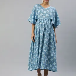 Swishchick V Neck Flared Sleeve Floral Printed Cotton Maternity A-Line Midi Dress-picture-20