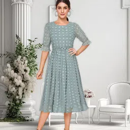 BAESD Self Design Printed Round Neck Bell Sleeves Georgette Fit & Flare Midi Dress-picture-21