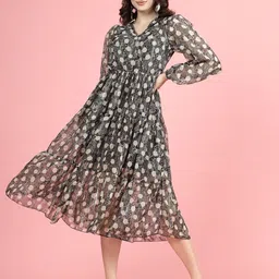 plusS Floral Print Shirt Collar Puff Sleeve A-Line Midi Dress-picture-37