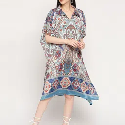 Cloth Haus India Ethnic Motifs Printed Shirt Collar Kaftan Midi Dress-picture-18