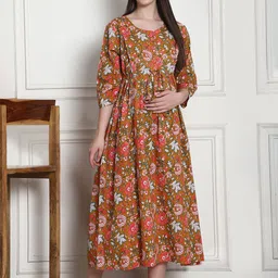 Secret Wish Floral Printed Cotton Maternity A-Line Midi Dress-picture-16