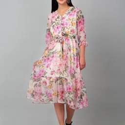 Cantabil Floral Printed V-Neck Chiffon Fit & Flare Midi Dress image 1