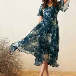 RARE Floral Print Flared Sleeve Chiffon Fit & Flare Midi Dress image 1