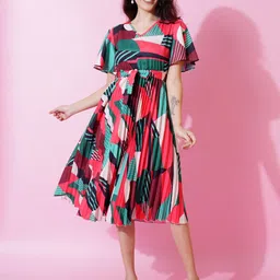 OTABU Abstract Print Flared Sleeves V-Neck Tie-Ups Fit & Flare Linen  Midi Dress-picture-41
