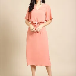 DODO & MOA Peach-Coloured Blouson Midi Dress image 1