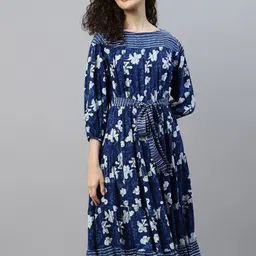 DEEBACO Floral Printed Boat Neck Tie Up Fit & Flare Dress-picture-20