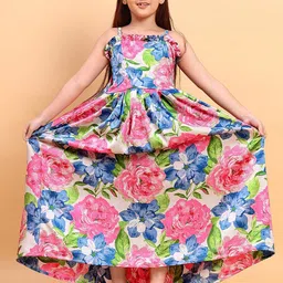 YK Girls Floral Printed Shoulder Straps Ruffled & Smocked Maxi Dress-image-43