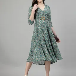 aayu Floral Print Georgette V-Neck Three-Quarter Sleeves A-Line Midi Casual Dress-image-60