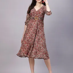 aayu Floral Print V-Neck Georgette Empire Midi Dress-image-84