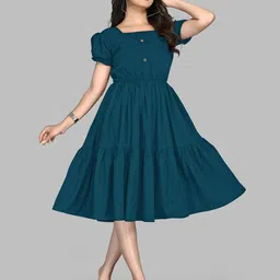 Femvy Square Neck Puff Sleeves Gathered Tiered Below Knee Fit & Flare Midi Casual Dress-picture-11