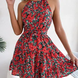 StyleCast Red Floral Print Halter Neck Chiffon Fit & Flare Mini Dress-picture-51