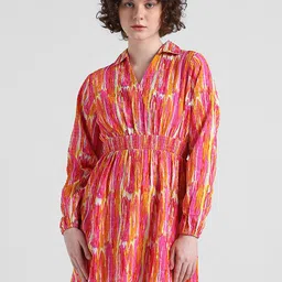 ONLY Abstract Printed Smocked Shirt Collar Fit & Flare Mini Dress-picture-12