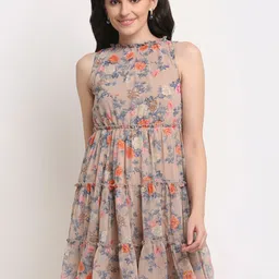 La Zoire Beige & Blue Floral Georgette Dress-image-39