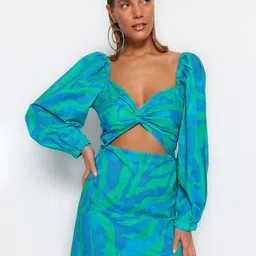 Trendyol Abstract Printed Puff Sleeve Pure Cotton Sheath Mini Dress-picture-19