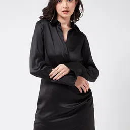 MAGRE Cuffed Sleeves Satin Mini Shirt Dress-picture-25