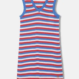ELLE Girls Striped V-Neck Pure Cotton Sheath Dress-image-1