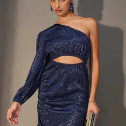 Tokyo Talkies Navy Blue Self Design One Shoulder Sheath Dress-picture-26