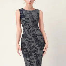 KERI PERRY Typography Printed Round Neck Sleeveless Bodycon Midi Dress-picture-18