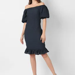 Campus Sutra Navy Blue Off-Shoulder Crepe Sheath Dress-picture-29