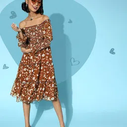 Antheaa Women Deep Brown Floral Tiered Dress-picture-23