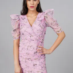 BAESD Floral Printed V-Neck Puff Sleeve Gathered Chiffon Bodycon Mini Dress-picture-31