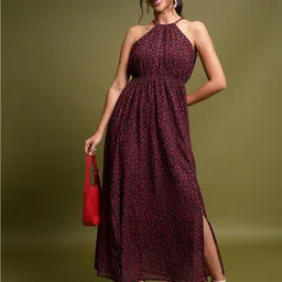 Tokyo Talkies Red Floral Printed Halter Neck Gathered Maxi Dress-image-28
