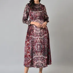 WISHFUL Red Ethnic Motifs Chiffon A-Line Midi Dress-picture-32