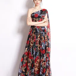 JC Collection Women Red & Black Floral Printed One Shoulder Maxi Dress-picture-20