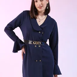 Freehand by The Indian Garage Co Blue Shawl Collar Bell Sleeves Belted A-Line Mini Dress image 1
