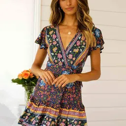 StyleCast Navy Blue & Pink Floral Print Flutter Sleeve Cotton Fit & Flare Dress-picture-10
