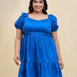 20Dresses Plus Size Blue Puff Sleeve Fit and Flare Short Dress-picture-19