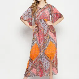 Ruhaans Ethnic Motifs Printed V-Neck Flared Sleeve Chiffon Fit & Flare Dress-picture-5