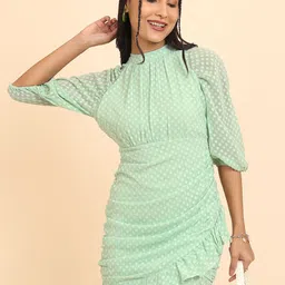 Tokyo Talkies Green Self Design Ruched Mini Wrap Dress image 1
