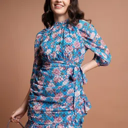Tokyo Talkies Floral Printed High Neck Puff Sleeves Gathered Ruched Sheath Mini Dress-image-37