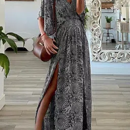 StyleCast Print Grey & White Abstract Printed V-Neck Flared Sleeves Maxi Dress-image-88