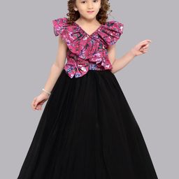 Pink Chick Print Flutter Sleeve Ruffled Net Maxi Dress-picture-25