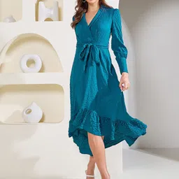 Styli Teal Blue Textured V-Neck Belted High Low Ruffle Hem A-Line Midi Dress & Self Tie Up image 1