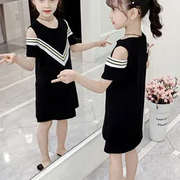 StyleCast Girls Black & White Cold-Shoulder Sleeves Above Knee Cotton  A-Line Dress-picture-5