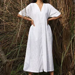 trueBrowns Floral Embroidered V-Neck Cotton Schiffli A-Line Front Slit Dress-picture-12