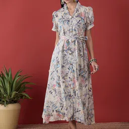 Anouk Off White Floral Printed Puff Sleeves Belted A-Line Midi Dress image 1