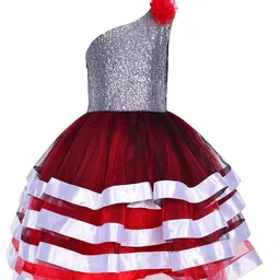 Samsara Couture Silver-Toned & Red Embellished One Shoulder Net Dress image 1