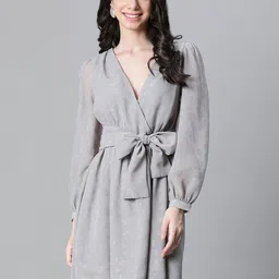 Oxolloxo Self Design V-Neck Puff Sleeve Tie-Up Semi Sheer Fit & flare Dress-picture-22