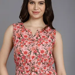 ZARI Floral Printed Mandarin Collar Gathered & Belted Cotton Fit & Flare Dress image 2