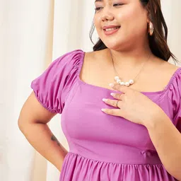 Berrylush Curve Plus Size Purple Square Neck Puff Sleeves Gathered Fit & Flare Dress image 2