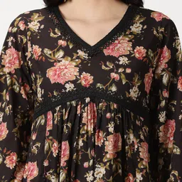 Saffron Threads V Neck Floral Printed Cotton Fit & Flare Dress With Lace Details image 4
