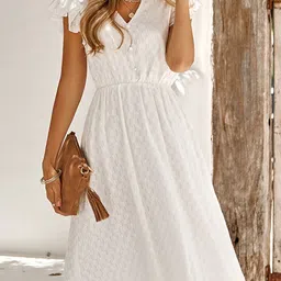 StyleCast White Self Design V-Neck Flutter Sleeve Cotton Fit & Flare Dress image 2