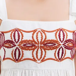 Kazo Geometric Embroidered Square Neck Flutter Sleeve Smocked Fit & Flare Mini Dress image 2