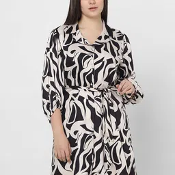 VERO MODA CURVE Abstract Printed Lapel Collar Bishop Sleeve Tie-Up Detailed A-Line Dress image 2