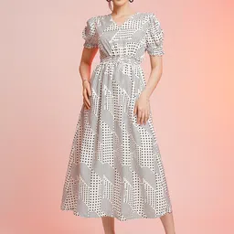 KALINI Geometric Printed V-Neck Gathered or Pleated Crepe A-Line Maxi Dress image 4